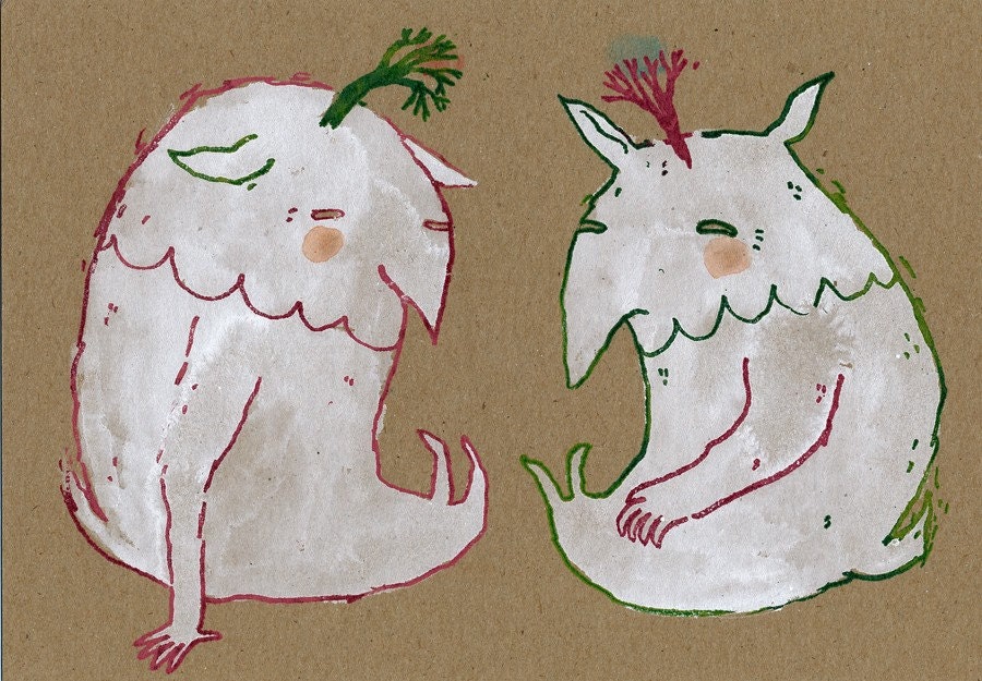Two Monsters Limited Edition Gocco Print on Kraft hand painted