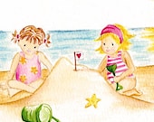 CLEARANCE - Original watercolour girls on the beach on watercolour paper - Sandcastles - chichiboulie