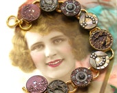 Parasol, Antique BUTTON gold bracelet, Victorian umbrella & fans in maroon and silver.