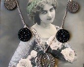 1800's vintage button necklace-Antique Victorian black glass buttons with flower and silver luster on sterling silver chain-OOAk jewelry jewellery.