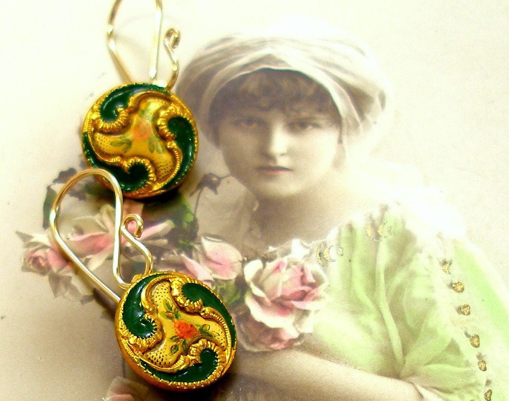 Antique BUTTON earrings, 1800s Victorian ROSES with green on gold. Antique button jewelry, jewellery.