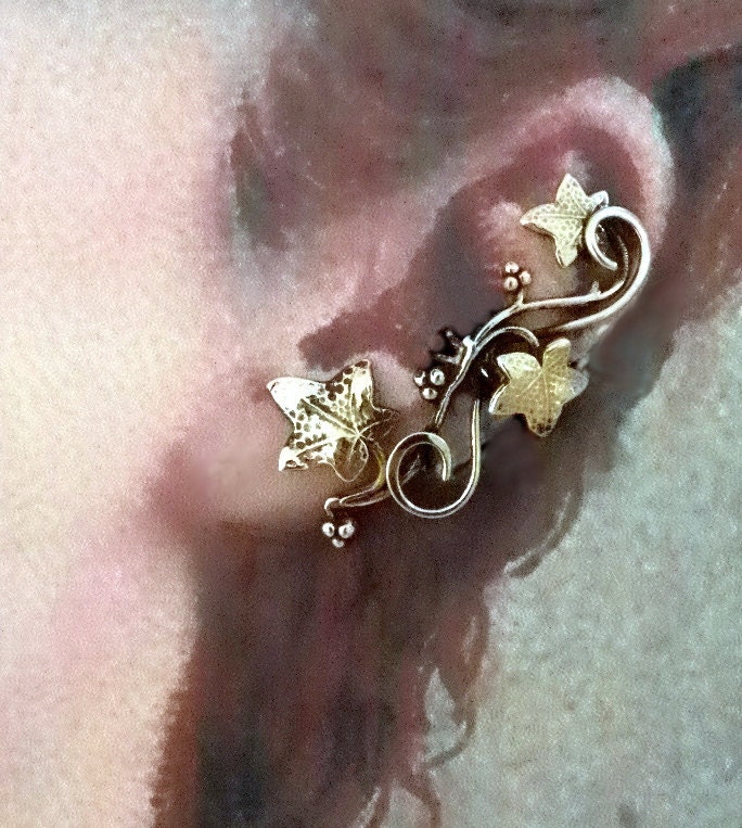 Golden Leaf Ear Cuff - TWININGS - Elaborate Brass Ear Wrap
