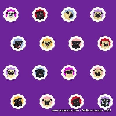 Pug Fabric - 16 Black and Fawn Pugs - 1 Yard - Groovy Pugs - Plumy Purple