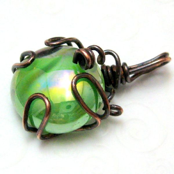Artisan Wire Wrapped Glass Pendant Green and Copper - silverriverjewelry