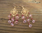 Pink and ruby crystal long chandellier earrings handwrapped unique one of the kind