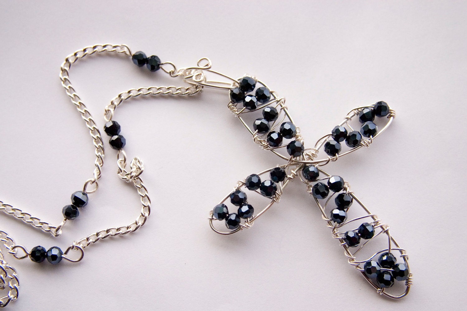 Black Beaded Cross Necklace