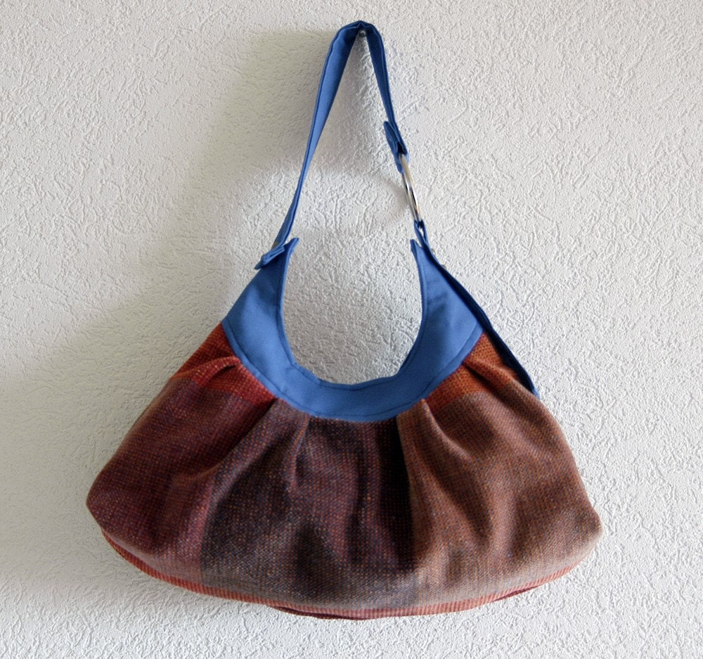 Mademoiselle Pleated Bag - Dark Orange and Blue Upholstery Chenille Cotton