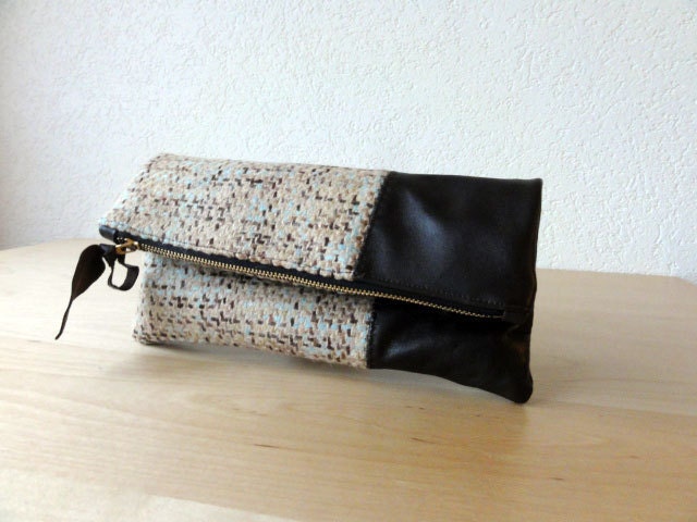 Leather Clutch in Dark Brown Italian Leather and European Wool - Indie Patchwork Series