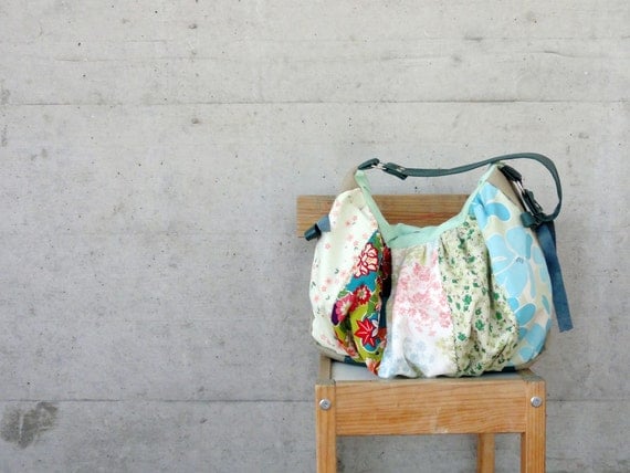 Modern Patchwork Pleated Bag with Italian Leather Handle - Le Jardin des Fleurs Series - One of A Kind