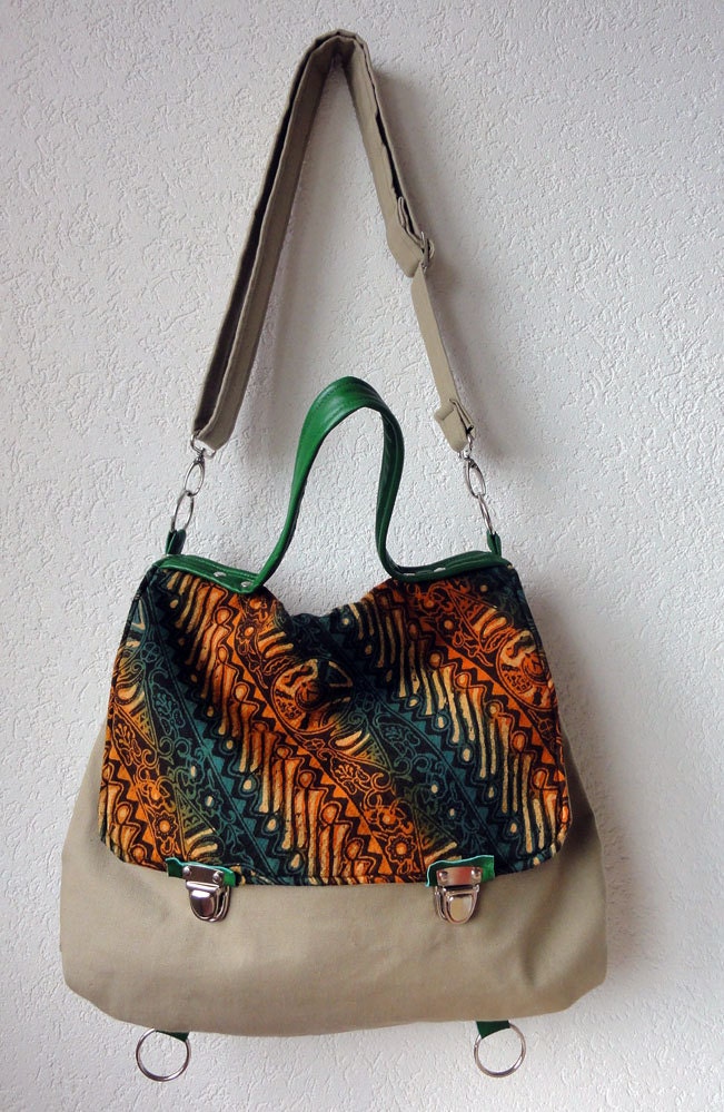 Made to Order - Amelie  Backpack in Khaki Colour Canvas with Handwoven Cotton and Silk Batik