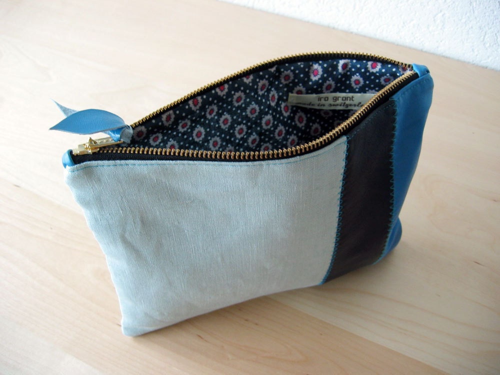 Leather Clutch in Italian Leather and Powder Blue Linen - Indie Patchwork Series