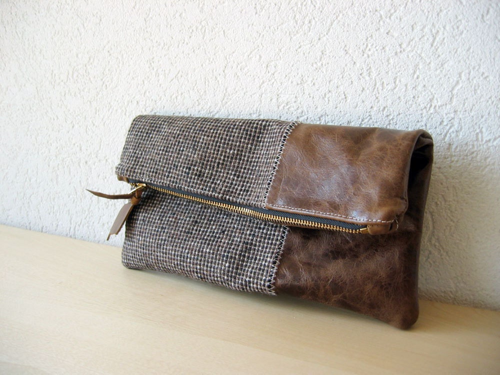 Leather Clutch in Dark Brown Italian Leather and European Wool - Indie Patchwork Series