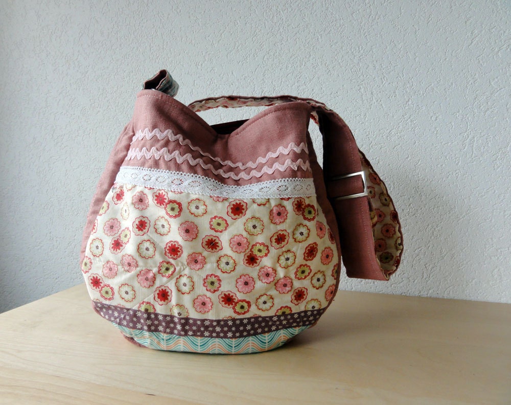 Large Quilted Hobo Bag in Pink European Linen and Japanese Fabric - One Of A Kind