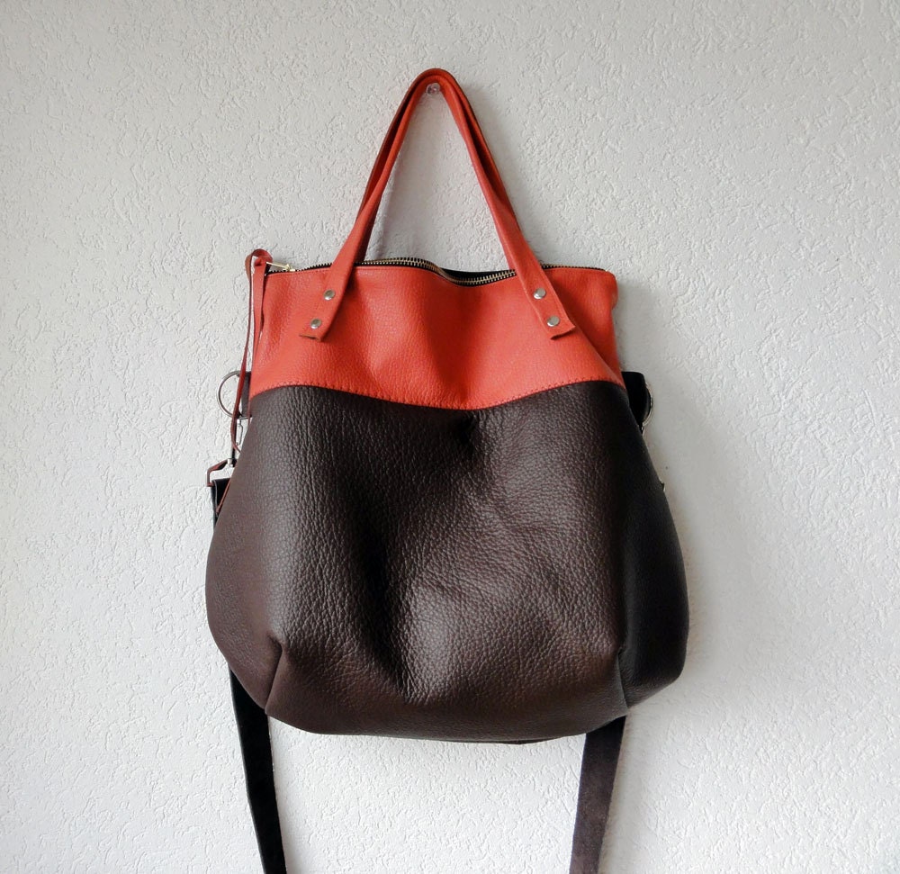Leather Bag - Leather Hobo Bag - Leather Tote Bag with Folded Top and Zipper Closure in Dark Brown and Orange Cow Leather
