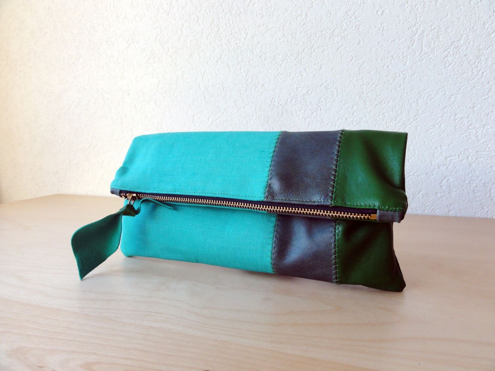 Leather Clutch in Italian Leather and Jade Green European Linen - Indie Patchwork Series