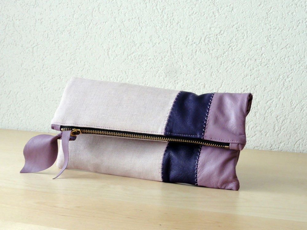 Leather Clutch in Italian Leather and Lavander Linen - Indie Patchwork Series