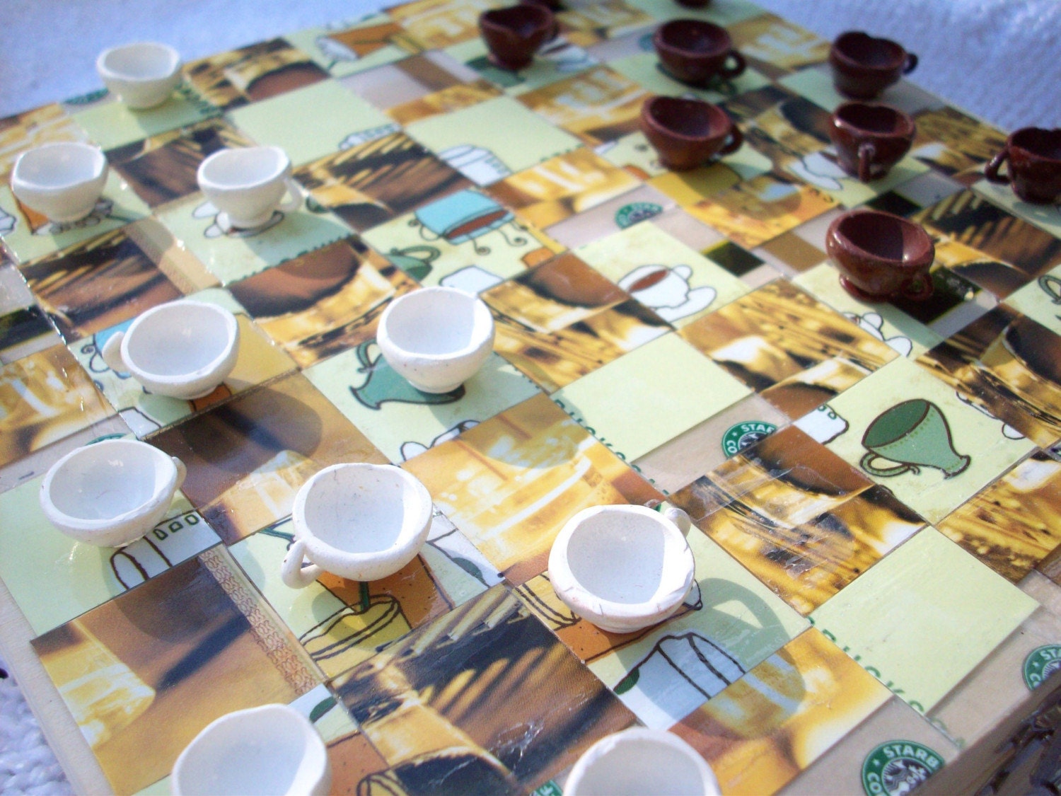 Checkers Battle of the Baristas upcycled checker board and polymer clay barista set