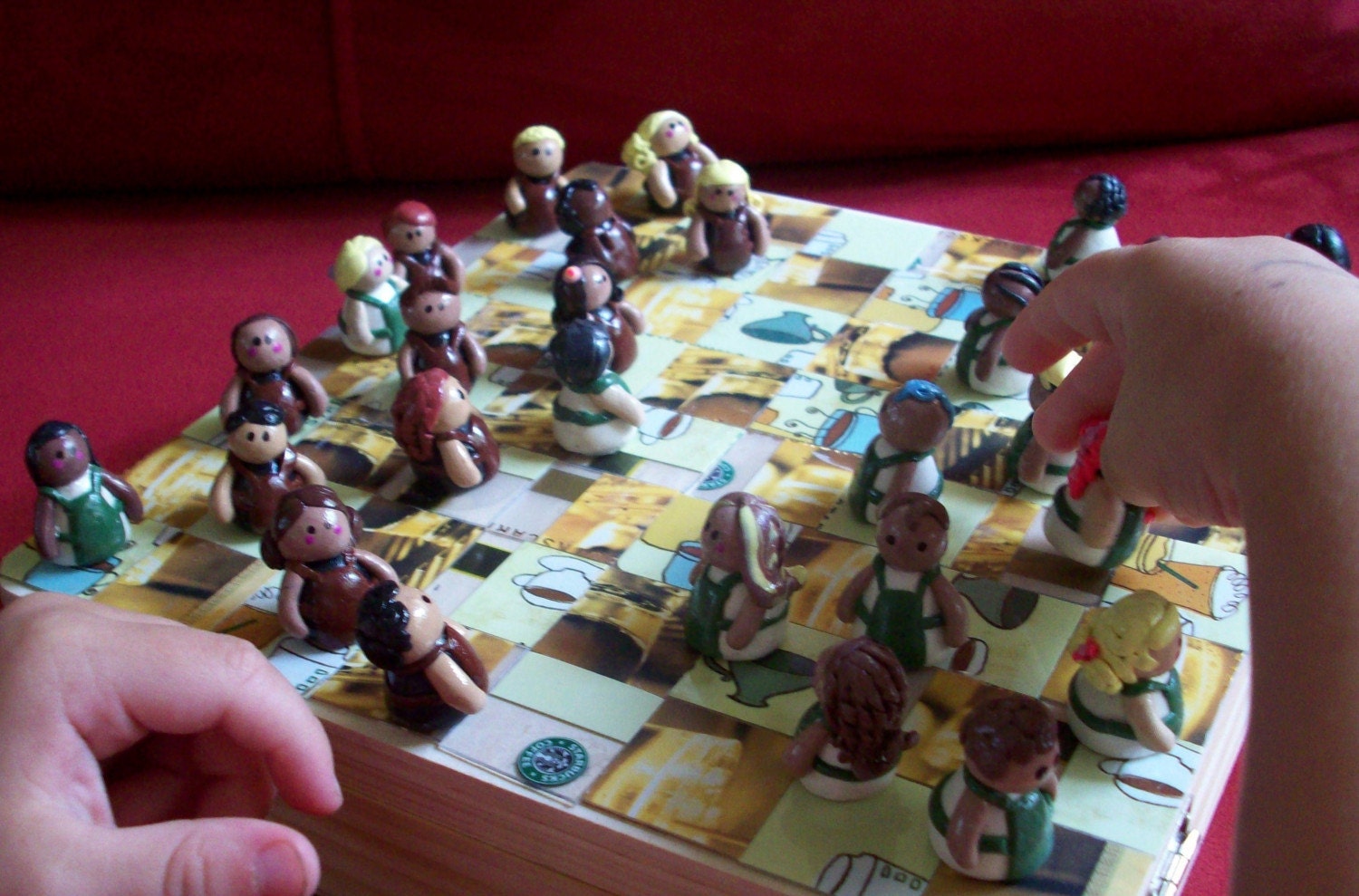 Checkers Battle of the Baristas upcycled checker board and polymer clay barista set