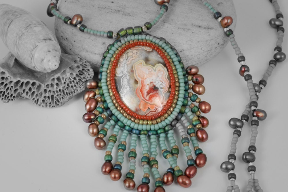 Handmade tribal beaded crazy lace turquoise and copper necklace by Lori Lochner "boho summer bead embroidered goddess adornment :)"
