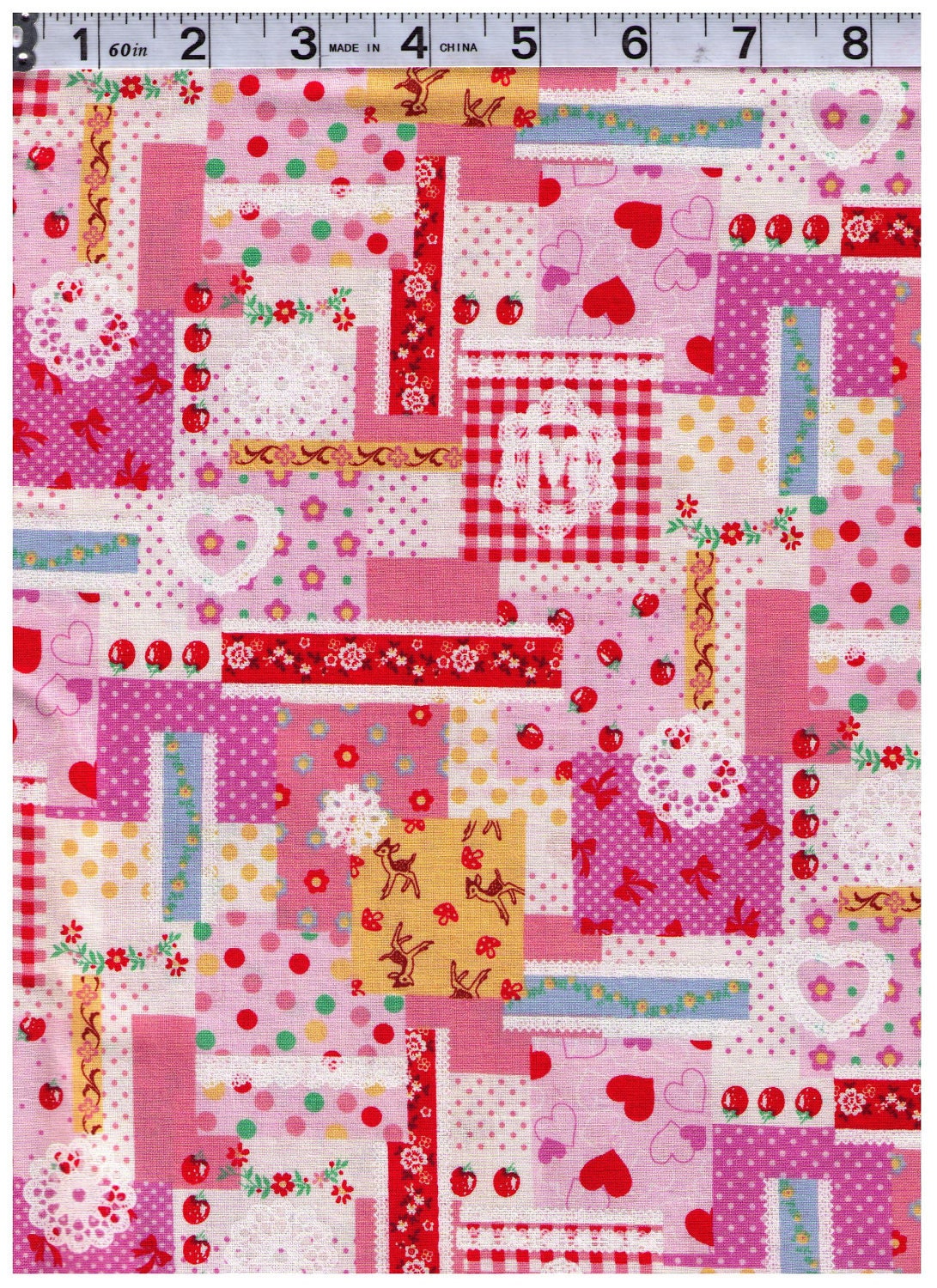 HALF YARD - Pink Zakka Patchwork - Lace Doiley, Deer, Ribbon, Strawberries, Tape, Toadstool, Bows - Cosmo Textile - Japanese Import Fabric