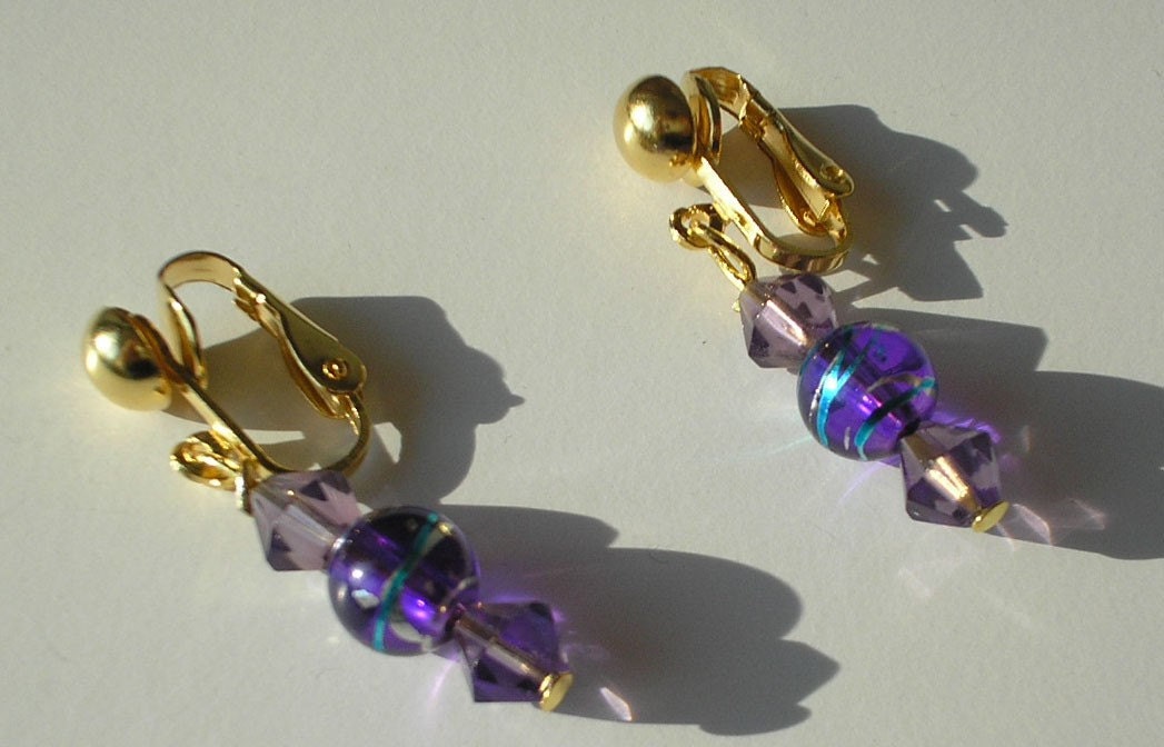 Clip On Earrings Purple and Blue Glass Beads