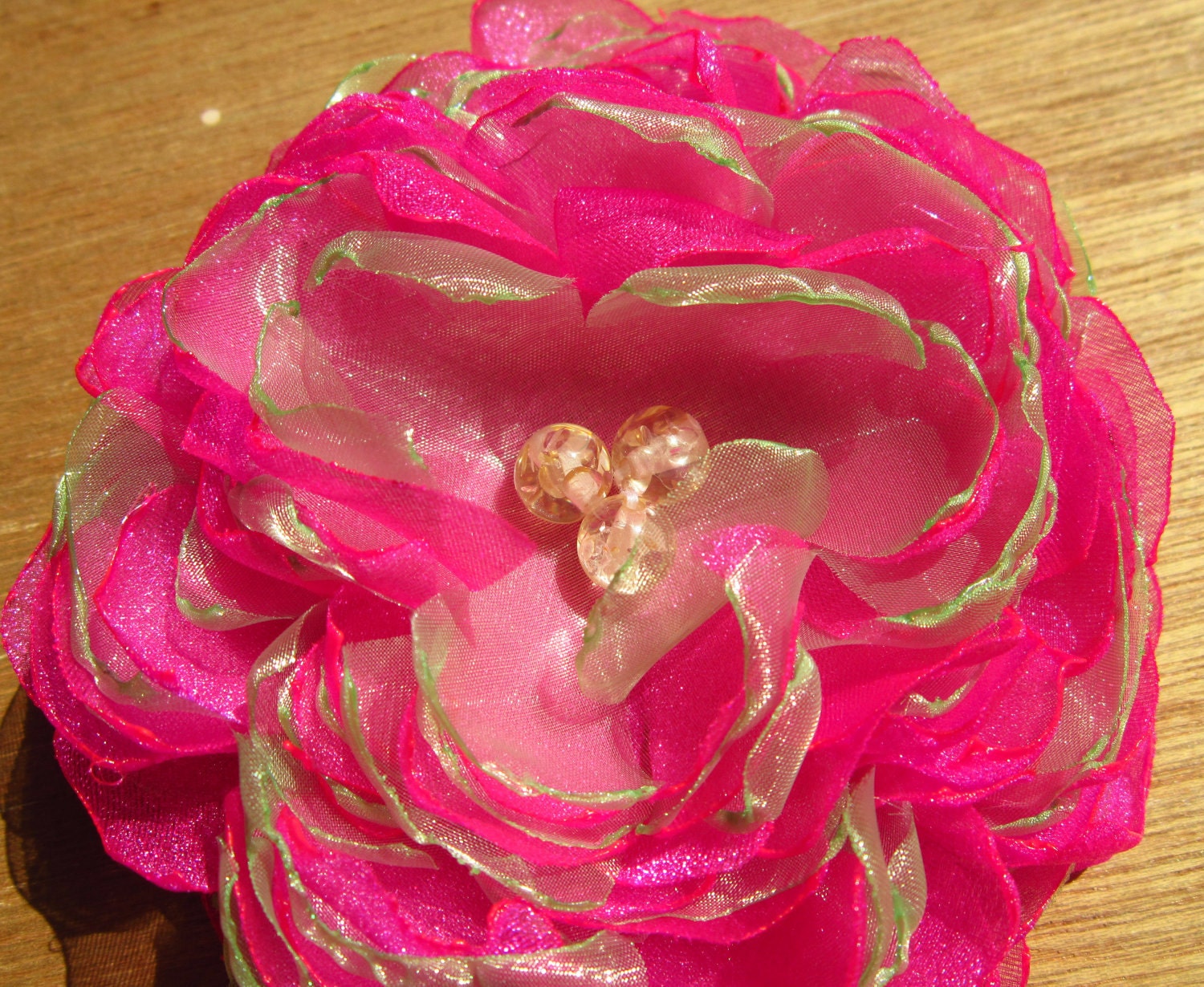 Organza Peony Flower Pin or Bobby Pin Fuchsia and Spring Green 4.5 inch Accessories organza flower brooch fabric flower spring weddings