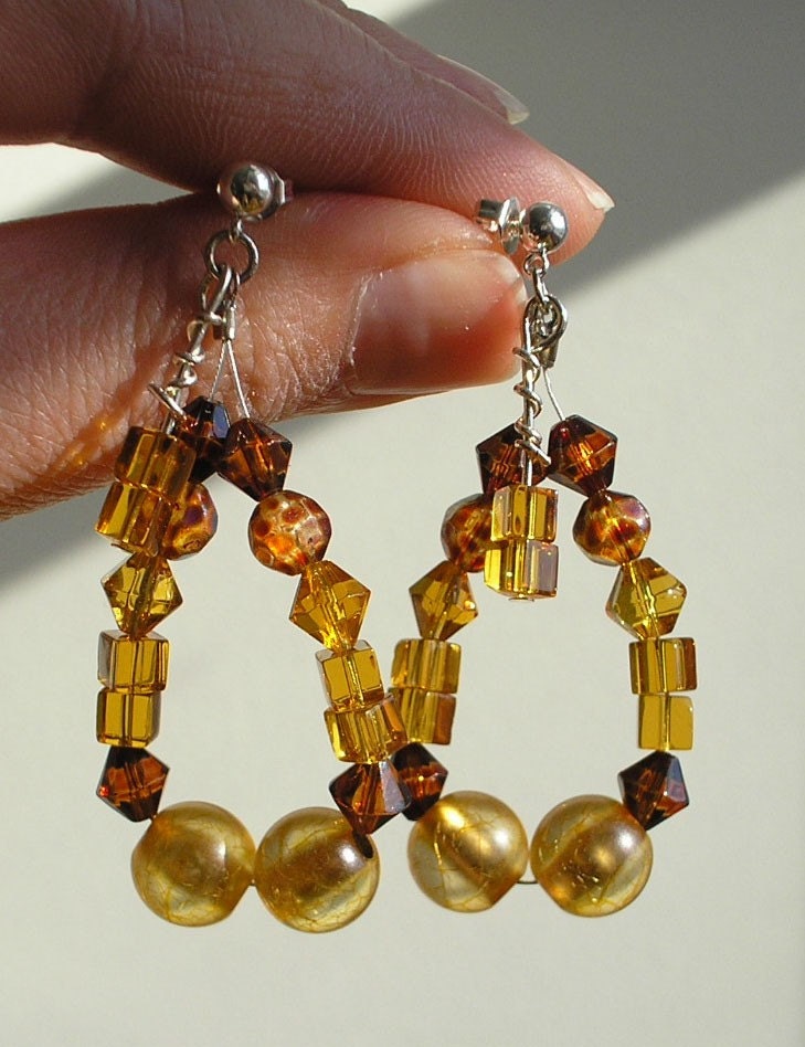 Hoop Earrings Amber and Gold Beads Amber Love
