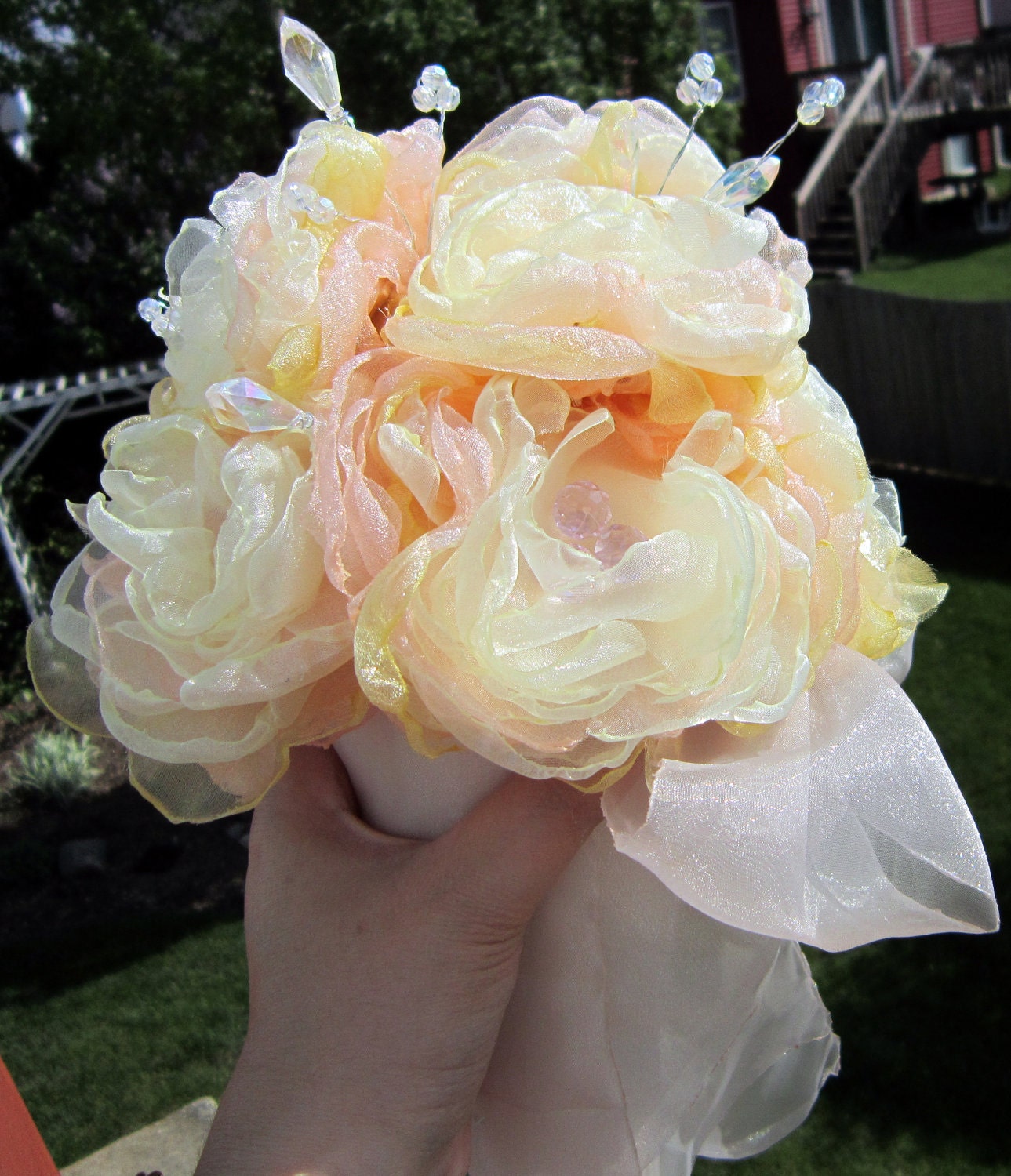 Eco Wedding Bouquet Peach, Yellow, Pale Yellow Organza Peonies 8 Count with Champagne Wrap and Bow eco friendly wedding