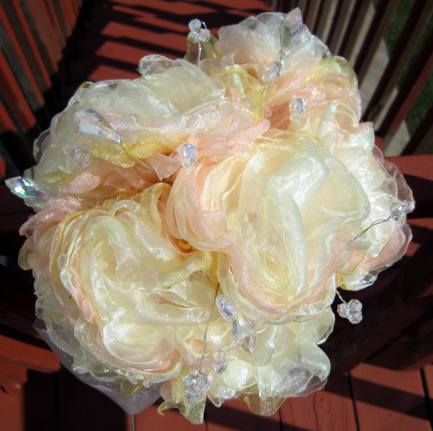 Eco Wedding Bouquet Peach, Yellow, Pale Yellow Organza Peonies 8 Count with Champagne Wrap and Bow eco friendly wedding