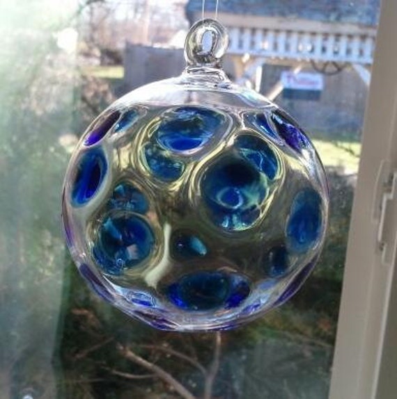 Medium Cobalt Dotted Flameworked Glass Ornament Hand Blown and Sculpted by Jenn Goodale