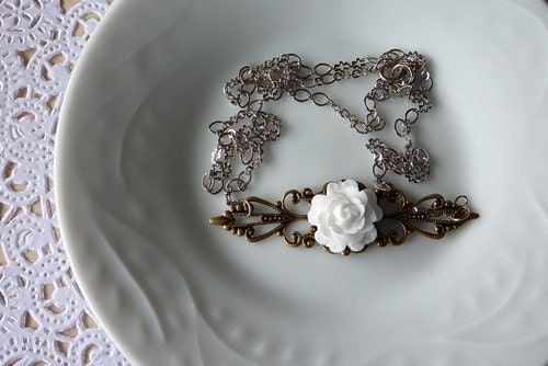 White Rose on Vintage Brass Filigree Necklace. Wedding Necklace. Bridal Jewelry. Bridesmaid Gift.