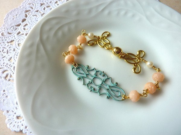 Verdigris Bracelet with Pink Rose Bud Beads. Vintage Inspired Wedding Jewelry. Bridesmaid Gifts.