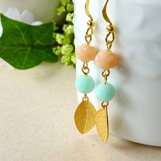 Pink Rose Bud Beads with Mint Swarovski Crystals & Gold Leaves Dangle Earrings. Bridesmaid Gifts. Bridal Party Gifts. Wedding Party Gifts.