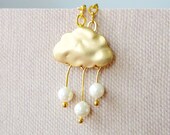 Rain Clouds Necklace. Gold Clouds with Cream Pearls Rain Drops. Whimsical Necklace. Bridesmaid Gift. Bridal Party Gift.
