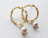 Gold Hoops Earrings with Cubic Zirconia and Lilac Pearls. Grecian Earrings. Bridesmaid Gifts. Bridal Party Gifts. Wedding Party Gifts.