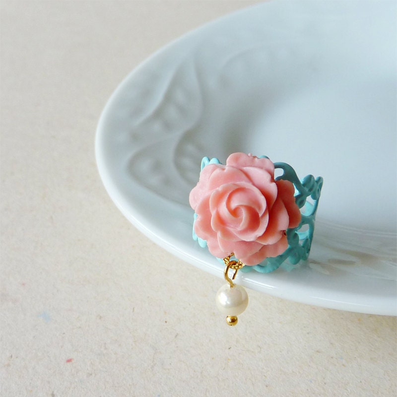 Pink Rose on Turquoise Filigree Ring.  Bridesmaid Gifts. Bridal Party Gifts. Wedding Party Gifts.