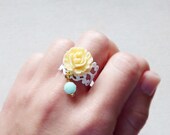 Yellow Rose with Turquoise Bead on White Filigree Ring. Bridesmaid Gifts. Bridal Party Gifts. Wedding Party Gifts.