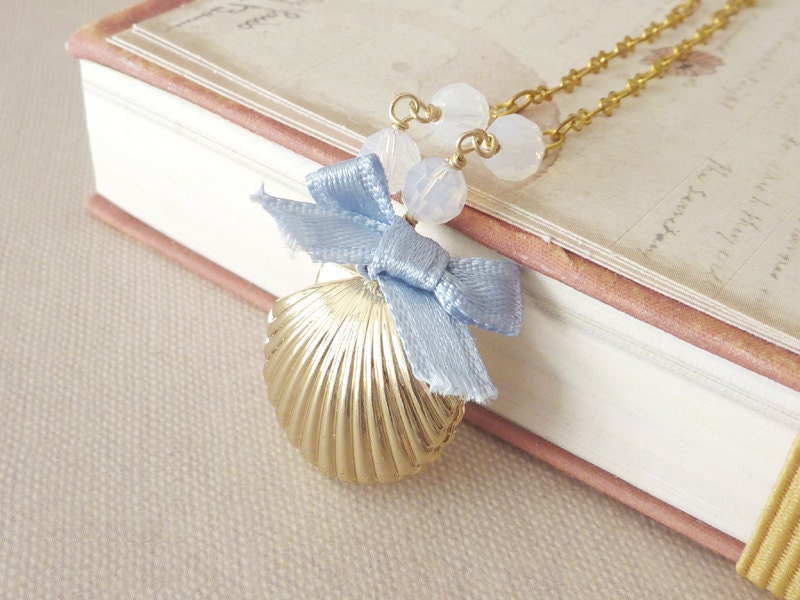 Shell Locket Necklace with Blue Bow and White Faceted Crystals. 14K Gold Plated. Wedding Necklace. Bridal Jewelry. Bridesmaid Gift.