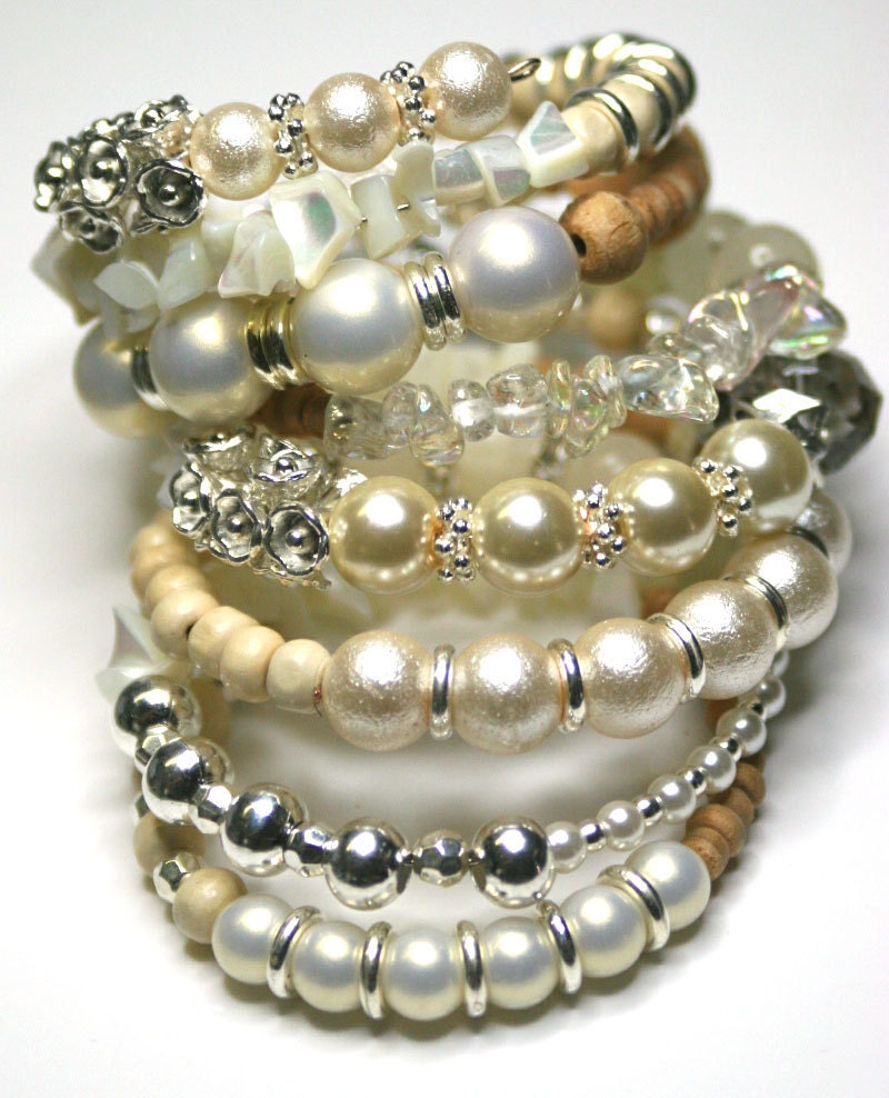 Layered Look Bracelet. Beaded Memory Wire Bracelet.Cream. White. Blonde Wood. Silver. Wedding. Stone. Pearl. Accessories Bangle