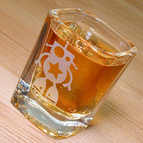 Robot Shot Glass - clear square etched glass