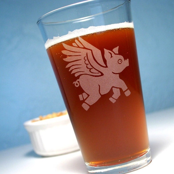 Flying Pig Pint Glass - winged pig angel of bacon