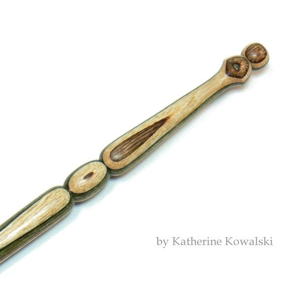 Wooden Crochet Hook -- Woodland Grove Dyed Hardwood -- Size J (DAYSTAR) Katherine Kowalski woodturning, green, brown, white