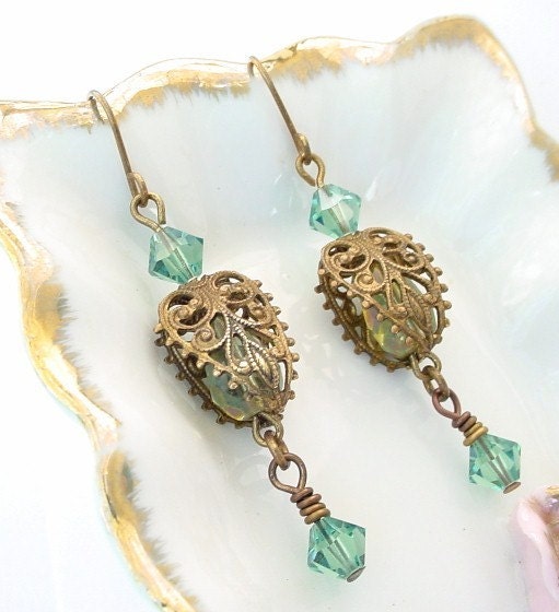 Czech Aqua Earrings - Brass and Picasso Glass