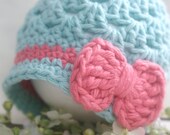 Crochet Baby Hats, Baby Girl Hats, Robins Egg Blue Hat, Bow Hat, Newborn Flapper Hat