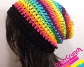 Slouchy Beanie Crochet Hat in Thin Rainbow Stripes
