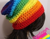Slouchy Beanie Crochet Hat in Chakra Rainbow Stripes