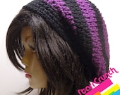 Slouchy Beret Tam Crochet Hat in Purple and Black Stripes
