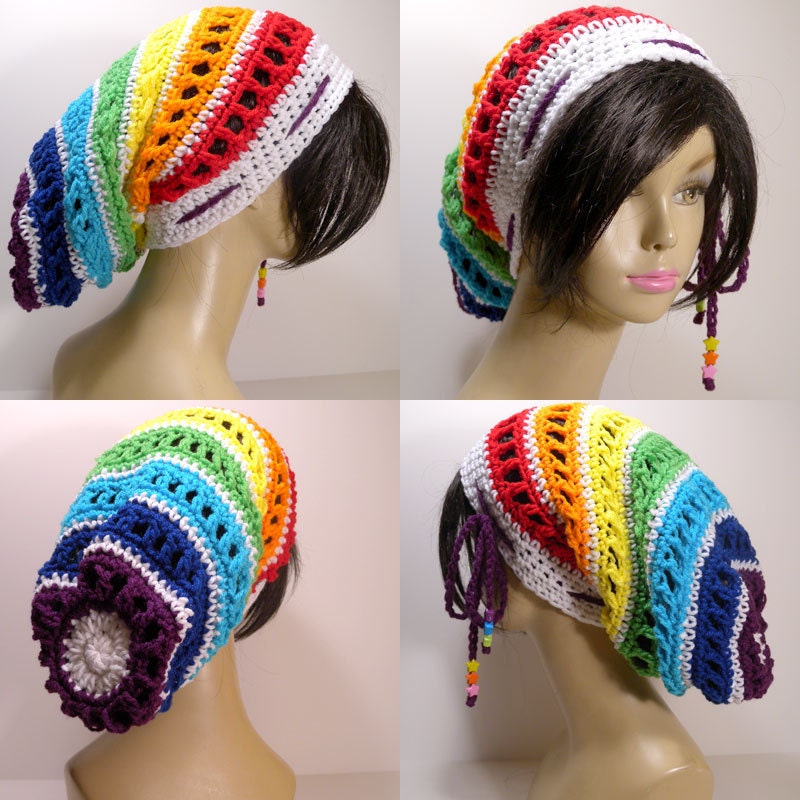 Slouchy Dread Tam Snood Crochet Hat in White and Chakra Rainbow