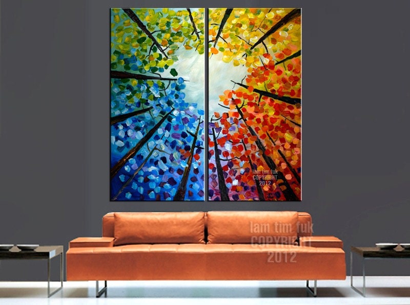Abstract forest Looking up, Contemporary acrylic painting Autumn Natural Organic Art 48x48x1.6