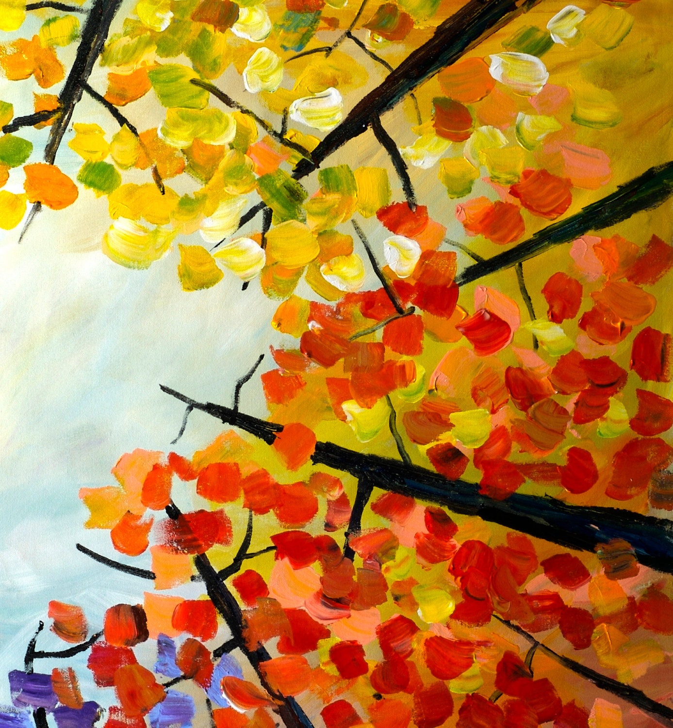 Abstract forest Looking up, Contemporary acrylic painting Autumn Natural Organic Art 48x48x1.6